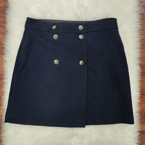 Boden Navy Blue Wool Blend Preppy Button Front  Eloise Wrap Mini Skirt Size 10 - Picture 2 of 13